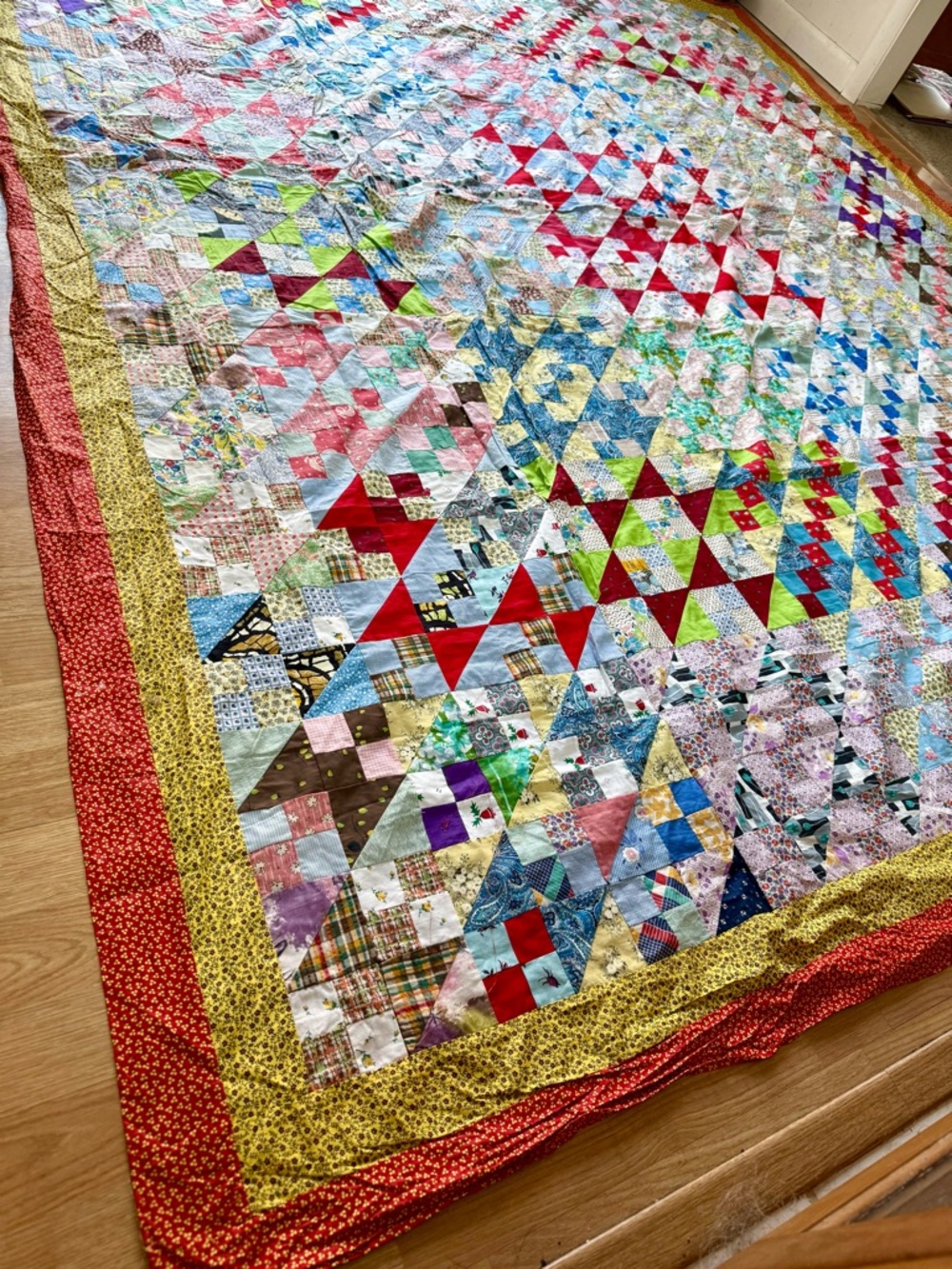 Very Large Colorful Vintage Homemade Hand Stitched Patchwork Quilt Top 106x93 - Picture 2 of 12